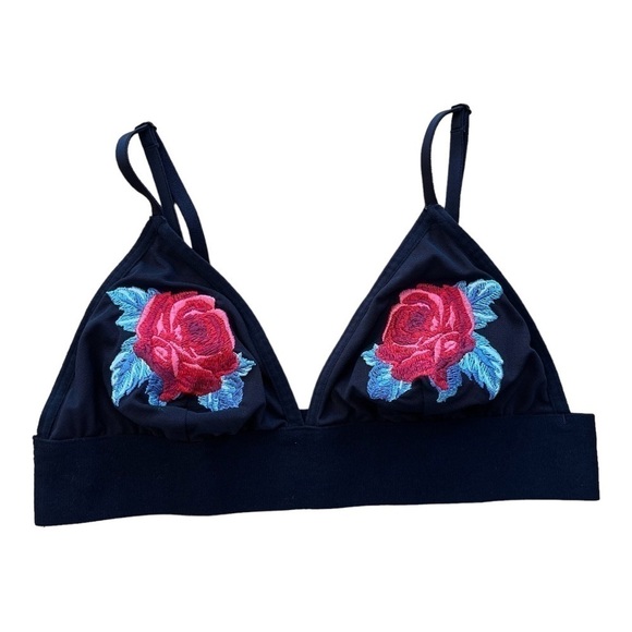 Pink by Victoria’s Secret Lace Triangle Bralette with Embroidered Roses on Black - Picture 4 of 16